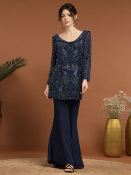 RIRASA - Jagadish Net Navy Blue Kurta with Sharara and Slip (Set of 3)