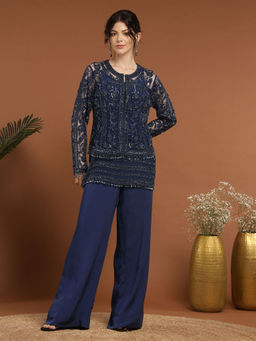 RIRASA - Nidhi Net Navy Blue Jacket with Pant and Slip (Set of 3)