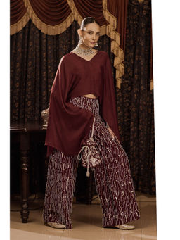 Saksham & Neharicka - Maroon Embroidered Top with Pant (Set of 2)