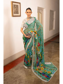 Saksham & Neharicka - Green Printed and Embellished Georgette Saree with Stitched Blouse