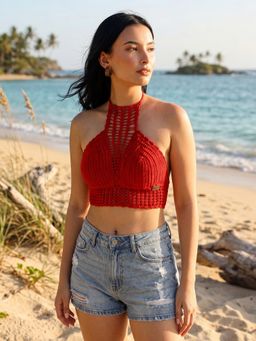 Velvery - Red Crochet Bohemian Beachwear Bralette