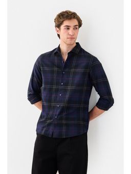 Snitch - Navy Plaid Full Sleeves Slim Casual Luxe Shirt for Men - Navy Blue
