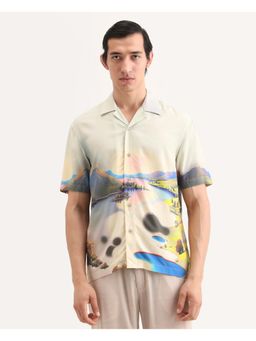 Rare Rabbit - Men's Afix Dusky Beige Viscose Fabric Half Sleeve Cuban Collar Shirt