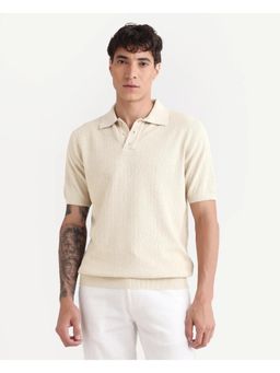 Rare Rabbit - Men's Atri Off White Cotton Blend Fabric Collared Neck Textured Polo T-shirt