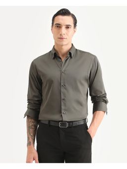 Rare Rabbit - Men's Dusky Olive Cotton Blend Fabric Collar Regular Fit Shirt