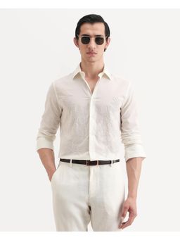 Rare Rabbit - Men's Dori Off White Cotton Fabric Collared Neck Embroidered Shirt