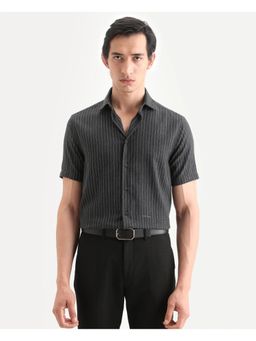 Rare Rabbit - Men's Elkie Dark Grey Cotton Blend Fabric Spread Collar Regular Striped Shirt