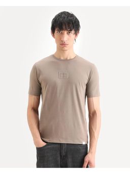 Rare Rabbit - Men's Frea Beige Cotton Blend Fabric Half Sleeve Crew Neck Regular Fit T-shirt