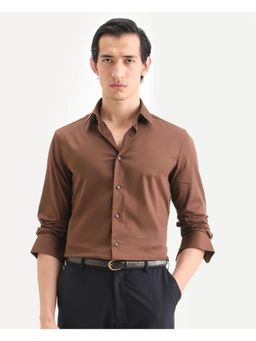 Rare Rabbit - Men's Holla-Ss26 Brown Cotton Blend Fabric Spread Collar Plain Shirt