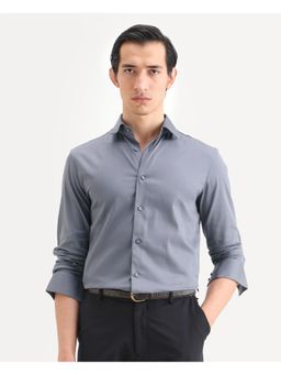 Rare Rabbit - Men's Holla-Ss26 Grey Cotton Blend Fabric Spread Collar Plain Shirt