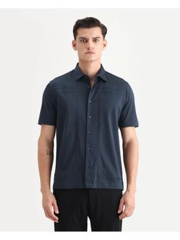 Rare Rabbit - Men's Jupi Navy Cotton Fabric Spread Collar Embroidered Shirt - Navy Blue