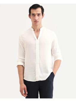 Rare Rabbit - Men's Kurto-26 White Linen Blend Fabric Mandarin Collar Plain Shirt