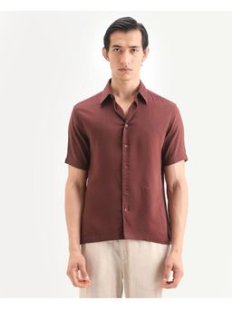 Rare Rabbit - Men's Layer Ss Dark Brown Cotton Blend Plain Collared Shirt