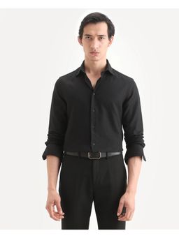 Rare Rabbit - Men's Leven Black Cotton Fabric Spread Collar Regular Fit Plain Shirt