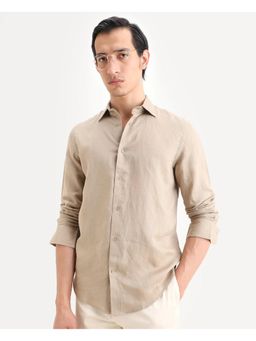 Rare Rabbit - Men's Linex Ls Beige Linen Blend Fabric Spread Collar Plain Shirt