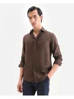 Rare Rabbit - Men's Linex Ls Dark Brown Linen Blend Fabric Spread Collar Plain Shirt