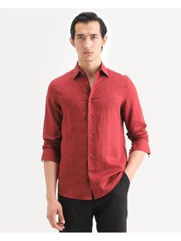 Rare Rabbit - Men's Linex Ls Red Linen Blend Fabric Spread Collar Plain Shirt