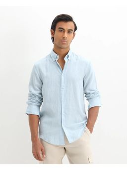 Rare Rabbit - Men's Lucis Light Blue 100% Linen Plain Regular Fit Full Sleeve Collared Shirt