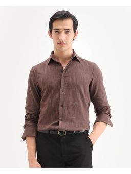 Rare Rabbit - Men's Mysa Brown Cotton Fabric Spread Collar Regular Fit Textured Shirt