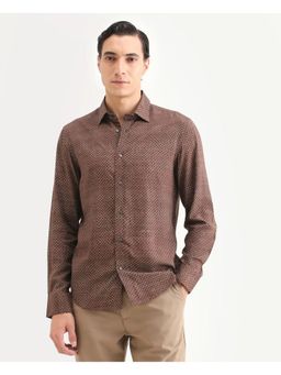 Rare Rabbit - Men's Prit-L Brown Viscose Fabric Spread Collar Geometric Print Shirt