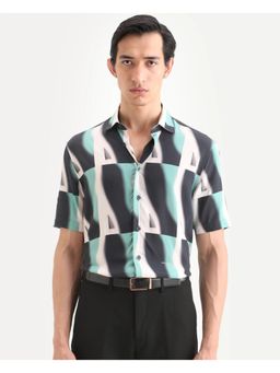 Rare Rabbit - Men's Retro Truq Viscose Fabric Collared Neck Regular Printed Shirt - Turquoise