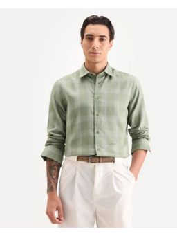 Rare Rabbit - Men's Sovie Olive Cotton Blend Fabric Spread Collar Regular Fit Checked Shirt