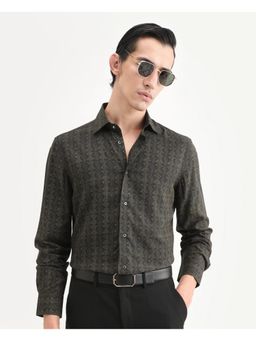 Rare Rabbit - Men's Terk-L Black Viscose Fabric Spread Collar Geometric Print Shirt