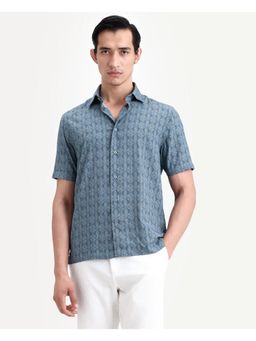 Rare Rabbit - Men's Terk-Ss Blue Viscose Fabric Half Sleeve Spread Collar Geometric Print Shirt