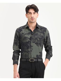 Rare Rabbit - Men's Trops Dark Olive Viscose Blend Collared Neck Floral Print Shirt