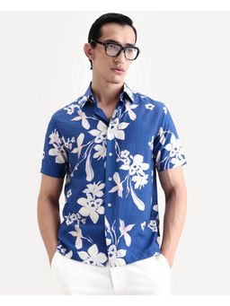 Rare Rabbit - Men's Tyro Blue Viscose Blend Fabric Half Sleeve Spread Collar Floral Print Shirt