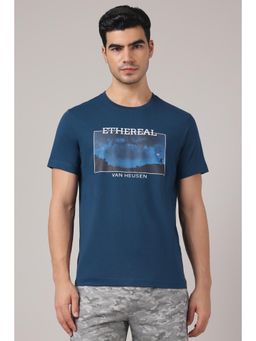 Van Heusen - Men Round Neck Minimal Graphic Print T-shirt - Blue