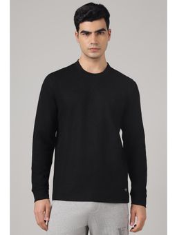 Van Heusen - Men Solid Regular Fit Round Neck Full Sleeves Waffle T-shirt - Black