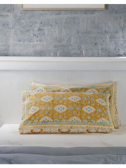 Fabindia - Yellow Kanak Printed Cotton Pillow Covers | Set of 2 (Pack of 2) (One Size)