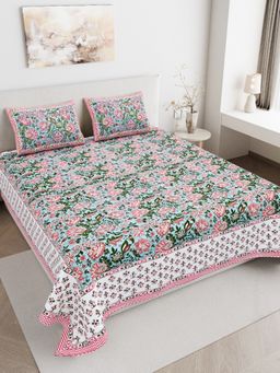 JAIPUR FABRIC - 180 TC Pure Cotton Floral Grey Flat Double Bedsheet With 2 Pillow Covers (Double)