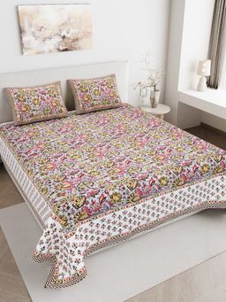JAIPUR FABRIC - 180 TC Pure Cotton Floral Peach Flat Double Bedsheet With 2 Pillow Covers (Double)