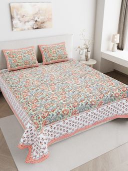 JAIPUR FABRIC - 180 TC Pure Cotton Floral Pink Flat Double Bedsheet With 2 Pillow Covers (Double)
