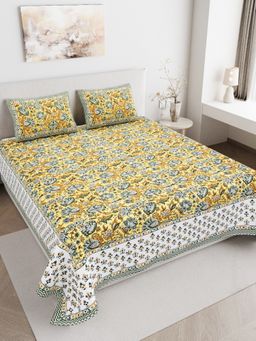 JAIPUR FABRIC - 180 TC Pure Cotton Floral Yellow Flat Double Bedsheet With 2 Pillow Covers (Double)