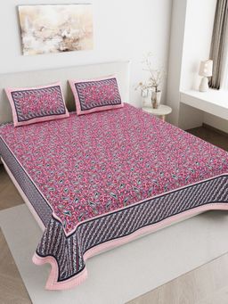 JAIPUR FABRIC - 180 TC Pure Cotton Floral Pink Flat Double Bedsheet With 2 Pillow Covers (Double)