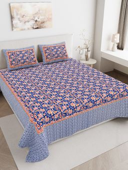 JAIPUR FABRIC - 180 TC Pure Cotton Floral Blue Flat Double Bedsheet With 2 Pillow Covers (Double)