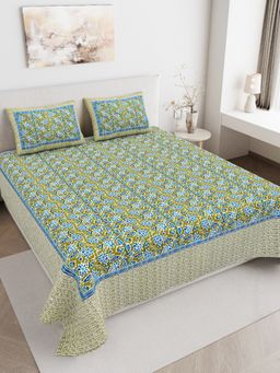 JAIPUR FABRIC - 180 TC Pure Cotton Floral Green Flat Double Bedsheet With 2 Pillow Covers (Double)