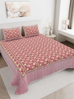 JAIPUR FABRIC - 180 TC Pure Cotton Floral Red Flat Double Bedsheet With 2 Pillow Covers (Double)