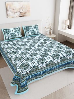 JAIPUR FABRIC - 180 TC Pure Cotton Floral Blue Flat Double Bedsheet With 2 Pillow Covers (Double)
