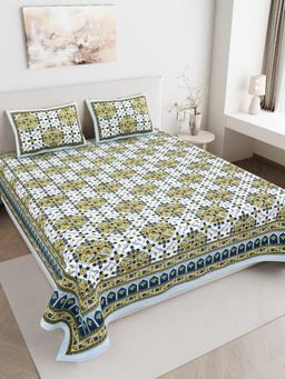 JAIPUR FABRIC - 180 TC Pure Cotton Floral Green Flat Double Bedsheet With 2 Pillow Covers (Double)