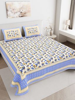 JAIPUR FABRIC - 180 TC Pure Cotton Floral Blue Flat Double Bedsheet With 2 Pillow Covers (Double)
