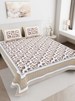 JAIPUR FABRIC - 180 TC Pure Cotton Floral Brown Flat Double Bedsheet With 2 Pillow Covers (Double)