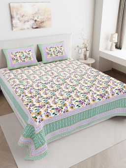 JAIPUR FABRIC - 180 TC Pure Cotton Floral Green Flat Double Bedsheet With 2 Pillow Covers (Double)