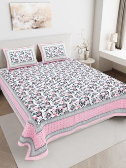 JAIPUR FABRIC - 180 TC Pure Cotton Floral Pink Flat Double Bedsheet With 2 Pillow Covers (Double)