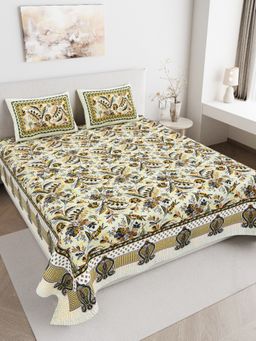 JAIPUR FABRIC - 180 TC Pure Cotton Floral Brown Flat Double Bedsheet With 2 Pillow Covers (Double)