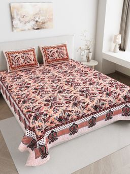 JAIPUR FABRIC - 180 TC Pure Cotton Floral Peach Flat Double Bedsheet With 2 Pillow Covers (Double)