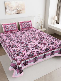 JAIPUR FABRIC - 180 TC Pure Cotton Floral Pink Flat Double Bedsheet With 2 Pillow Covers (Double)